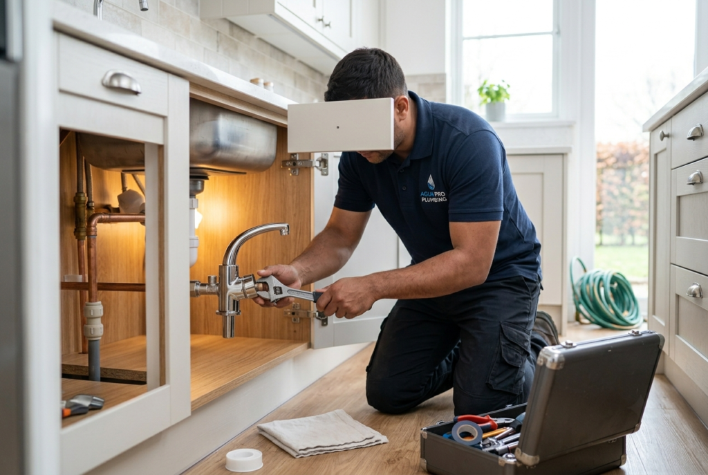 Professional plumber repairing a tap under a kitchen sink