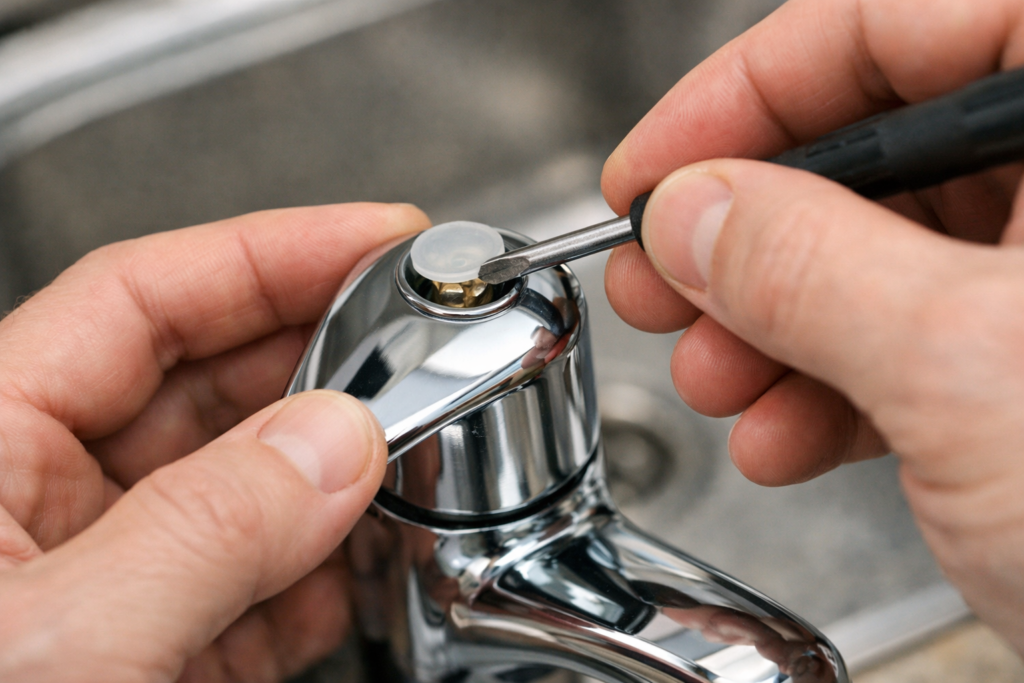 Hands using a screwdriver to remove the handle cap from a mixer tap during a repair