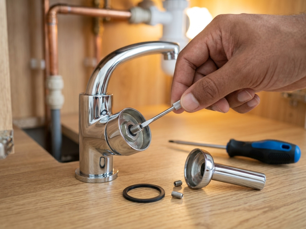 Removing the tap handle screw to access the internal mechanism