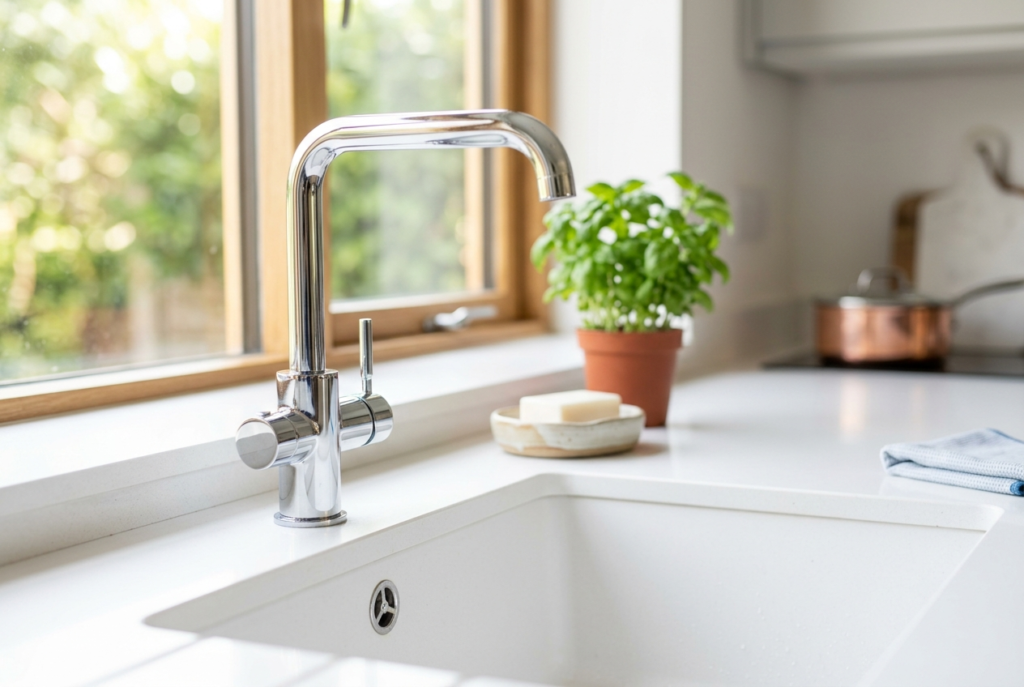 Clean, fully repaired mixer tap with no drips in a modern kitchen