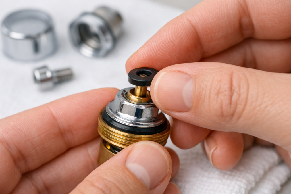 Close-up of hands replacing a rubber washer inside a disassembled tap valve
