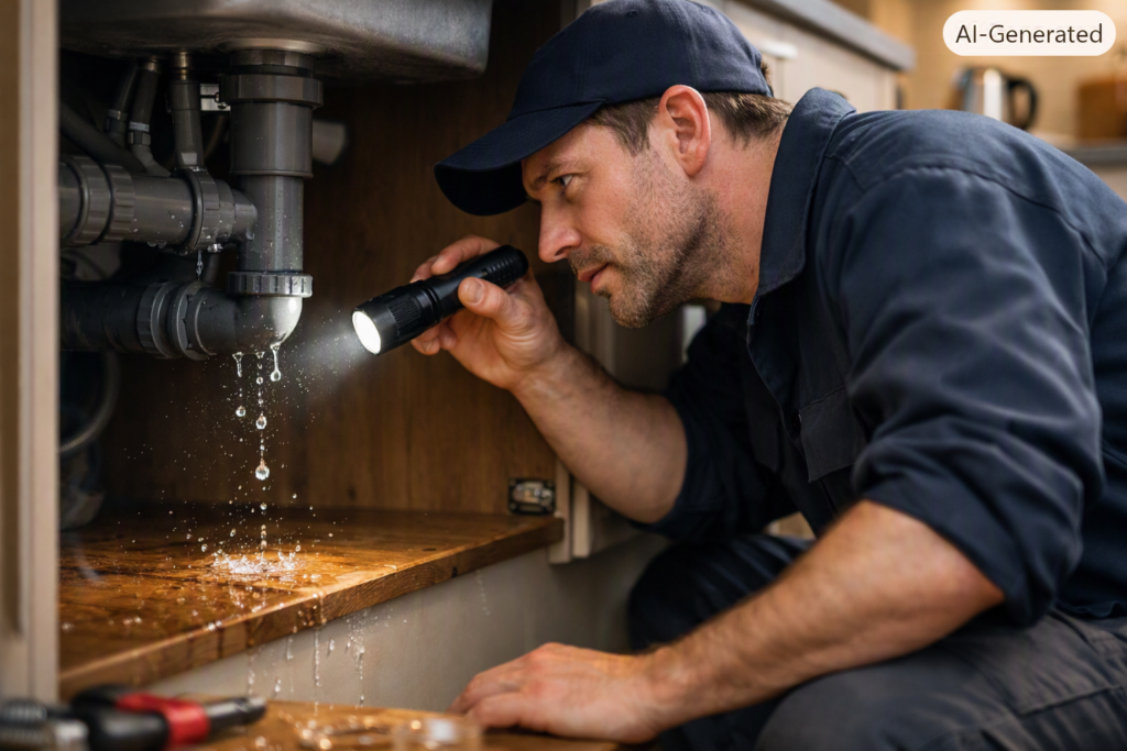Emergency plumber inspecting a water leak in a London home
