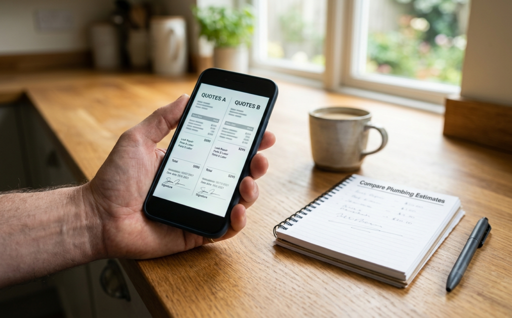 Don't Pay Too Much! Plumber Call Out Fees Explained (Save £100+) Homeowner comparing plumber quotes to save money on call out fees