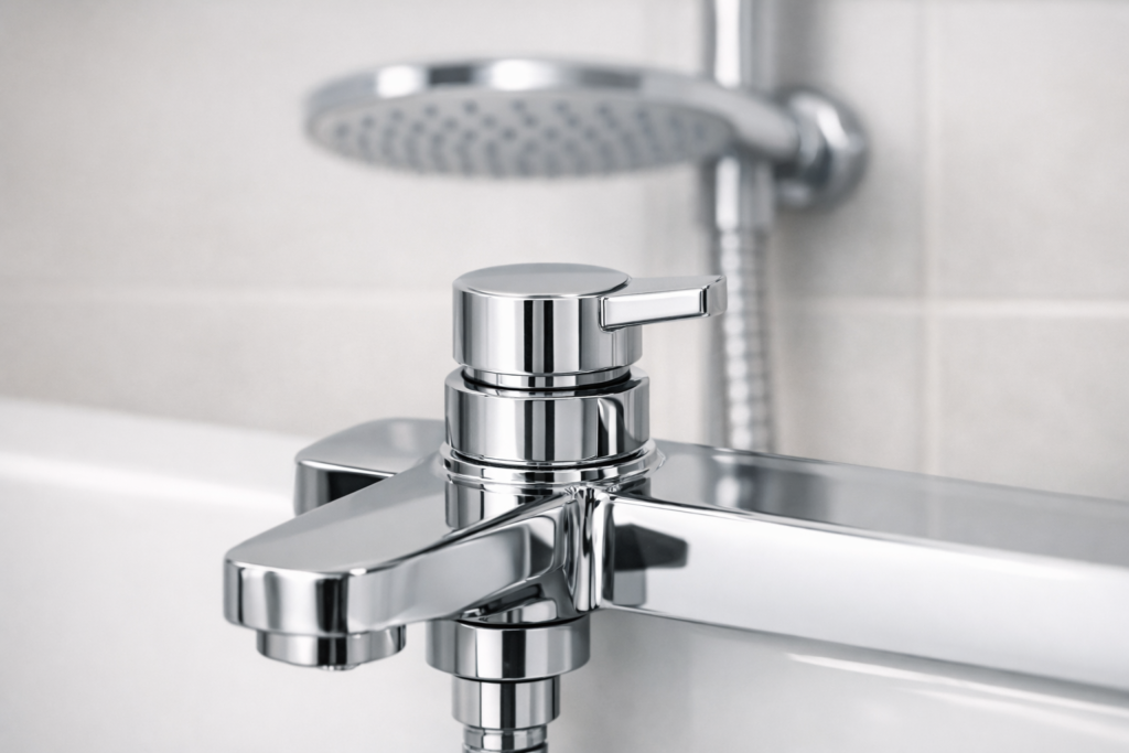 Diverter valve switching water flow between bath tap and overhead shower