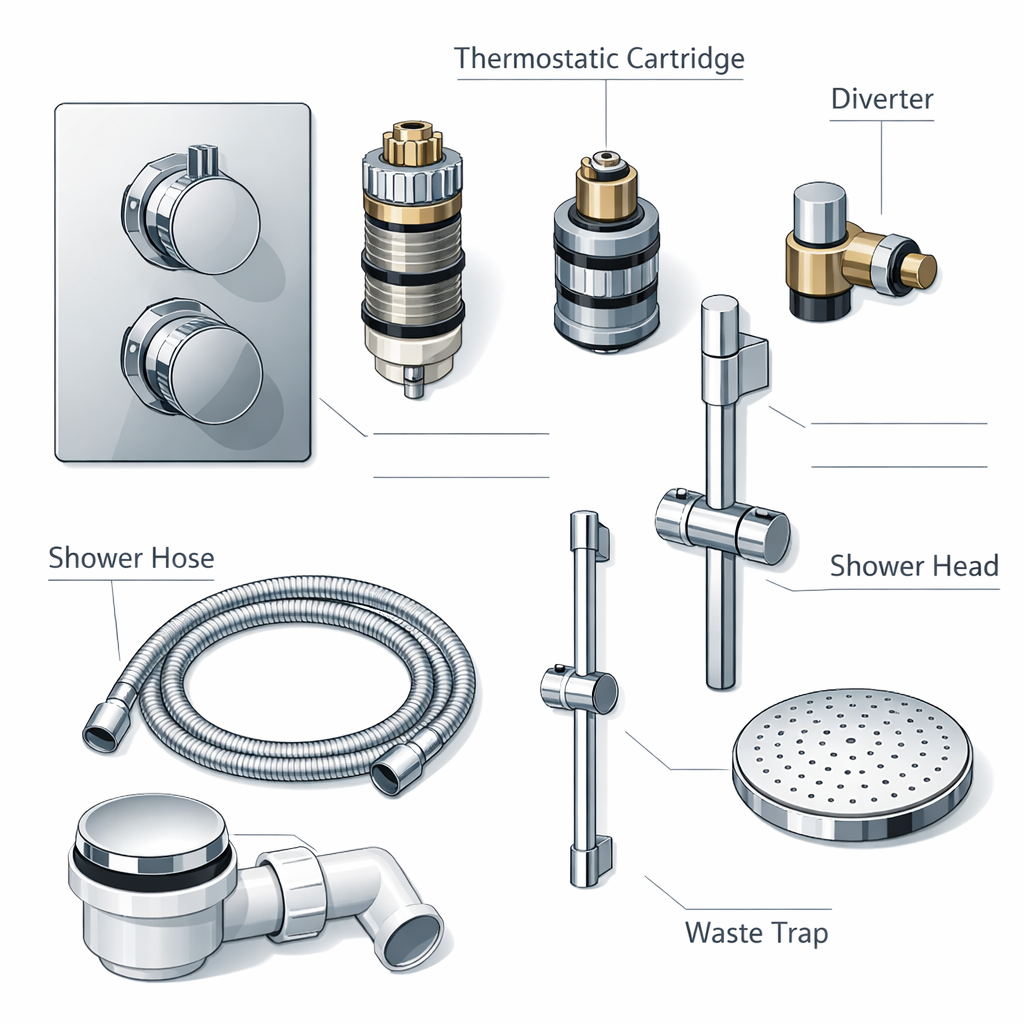 Labelled diagram of shower plumbing components including valve, diverter, hoses and shower head