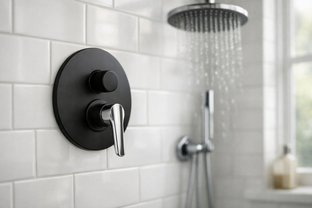 Modern concealed shower valve and rainfall shower head in a London bathroom renovation