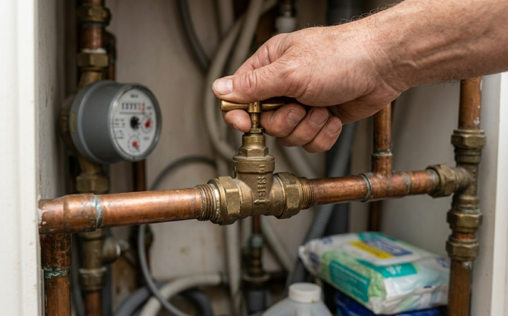 Homeowner turning off the stopcock to stop a water leak