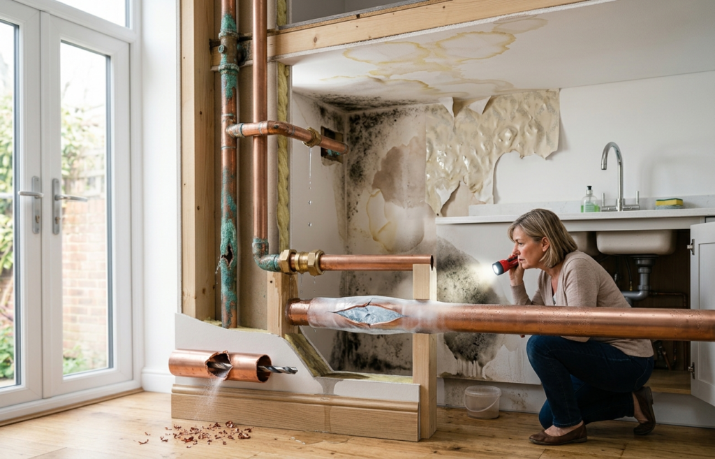 Visible signs of hidden pipe leak including damp wall and ceiling stains