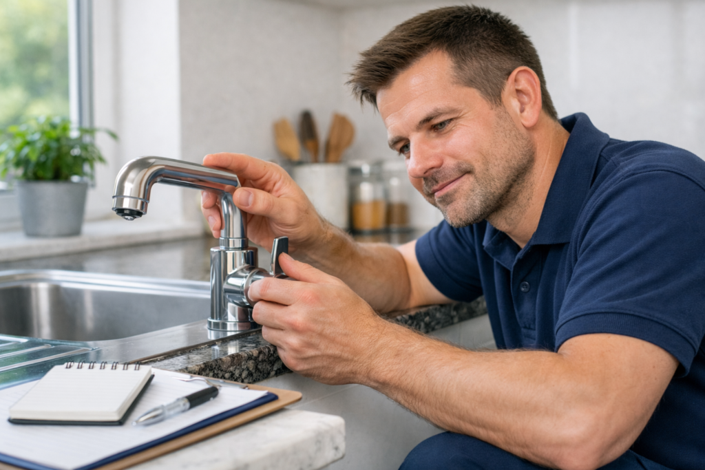 Plumber inspecting kitchen taps as part of a routine home maintenance check