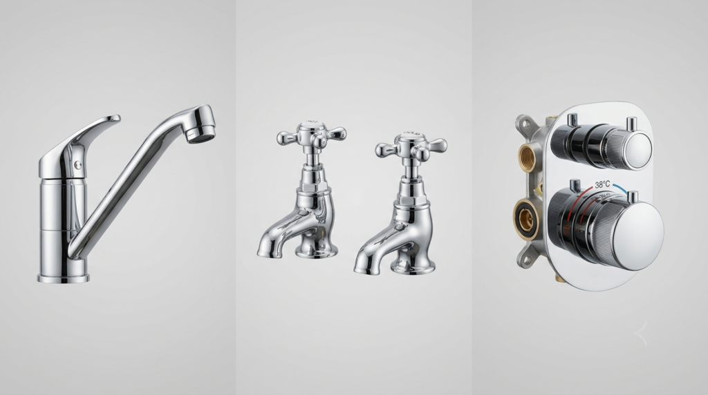 Dripping Tap Repair: Why It Happens and How to Fix It Three tap types side by side: modern mixer tap, traditional pillar taps, and thermostatic shower mixer