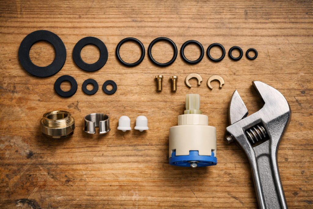 Disassembled tap parts including washer, O-ring and cartridge on a workbench