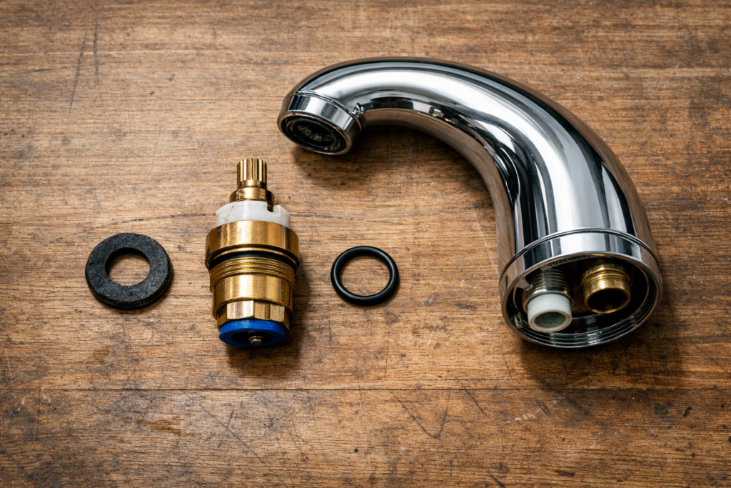 How to Fix a Dripping Tap: A Complete Guide from London's Trusted Plumbers Disassembled tap showing worn washer, valve seat and cartridge parts