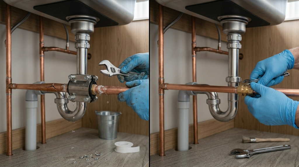 Temporary pipe repair clamp compared with permanent pipe replacement