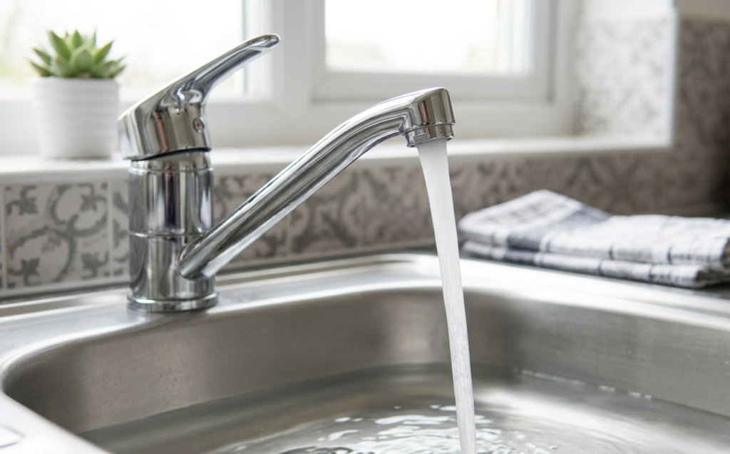 Water flowing smoothly from a repaired mixer tap into a kitchen sink