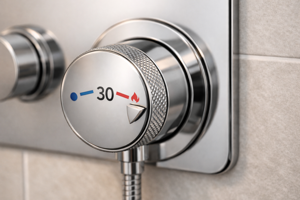 Thermostatic mixing valve dial showing temperature control on a family bathroom shower