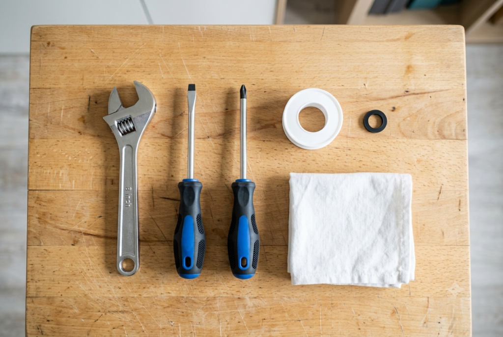 Plumbing tools laid out to fix a dripping tap, including spanner and washer