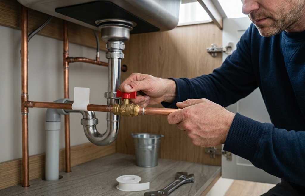 Homeowner shutting off the main water valve before repairing a leaking pipe