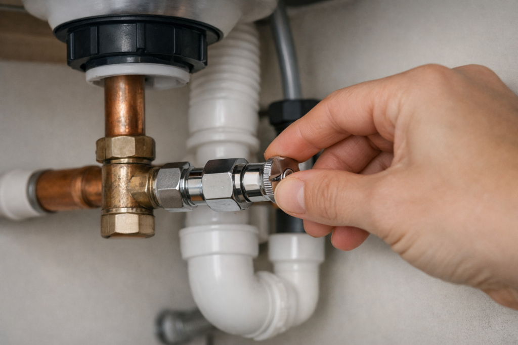 Plumber turning off an isolation valve under a sink before removing a tap handle to fix a leak
