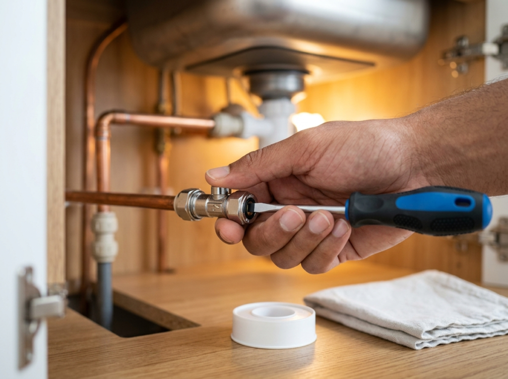 Turning off the isolation valve under a sink before tap repair