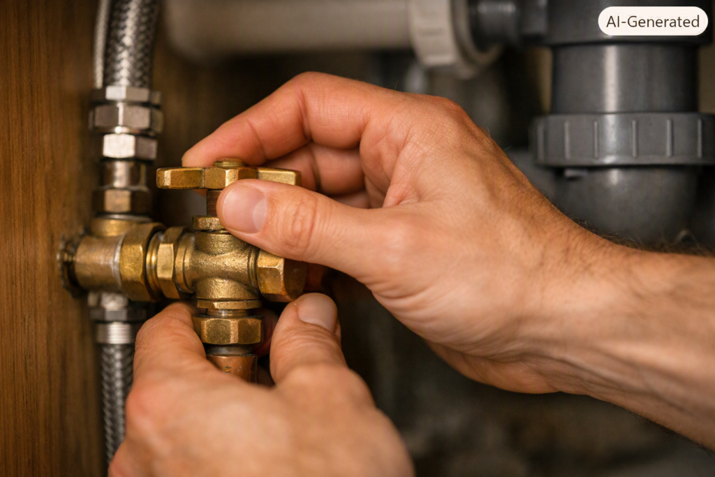 Homeowner turning off the stopcock to stop a water leak