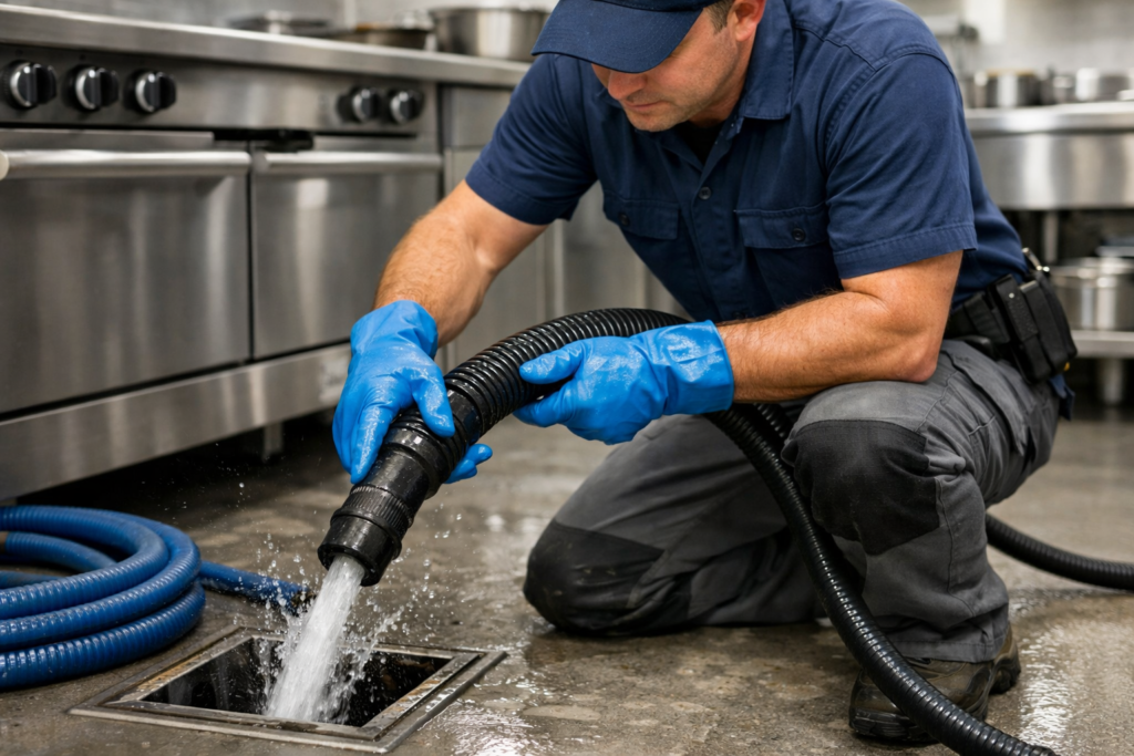Plumber using professional tools to service commercial drainage system