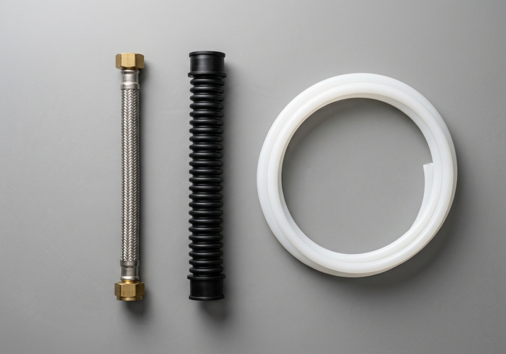 Three types of flexible plumbing pipe laid side by side: braided hose, corrugated rubber hose, and PEX pipe