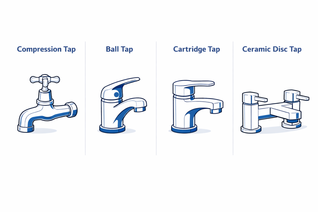 Diagram comparing four common tap types: compression, ball, cartridge and ceramic disc taps