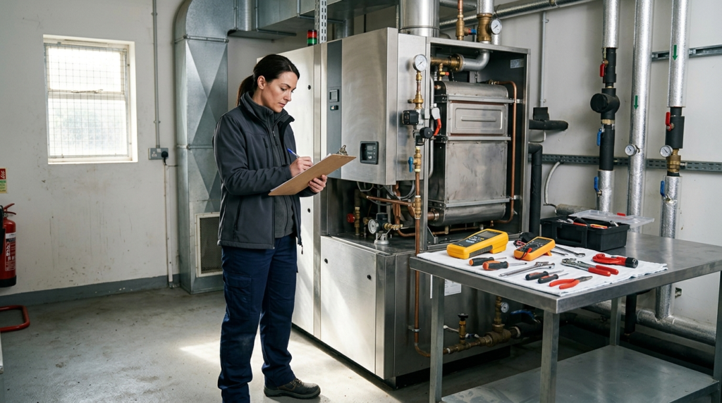 Gas Safe registered engineer completing compliance paperwork after servicing a commercial boiler