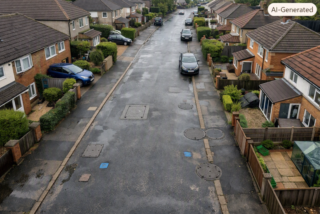 Aerial view of UK water infrastructure representing nationwide water leakage issues