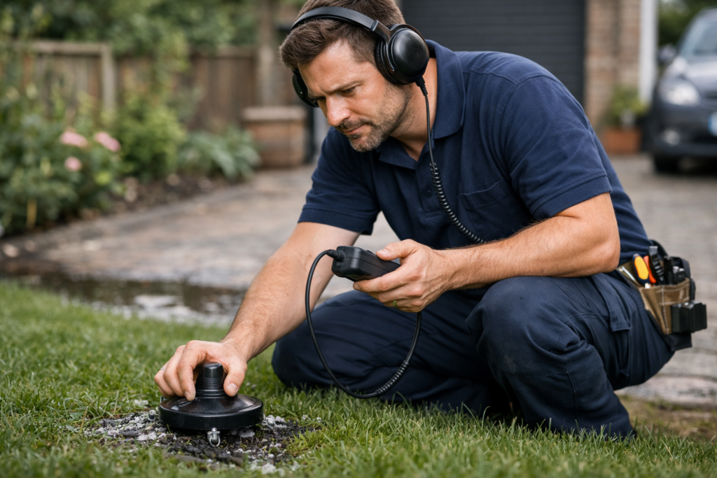 Engineer using acoustic detection equipment to find an underground water leak in a garden
