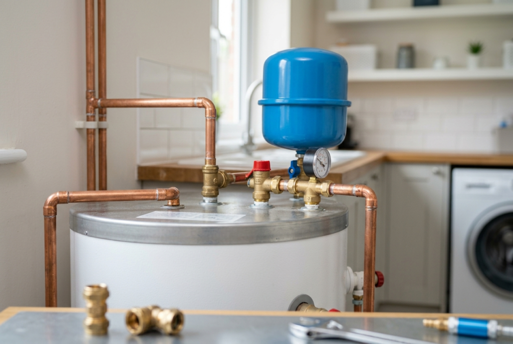 Close-up of an unvented cylinder showing pressure relief valve and safety components