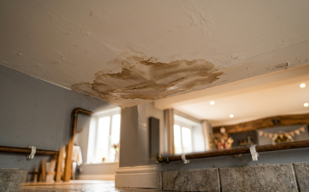 Water stain on a ceiling caused by an undetected pipe leak