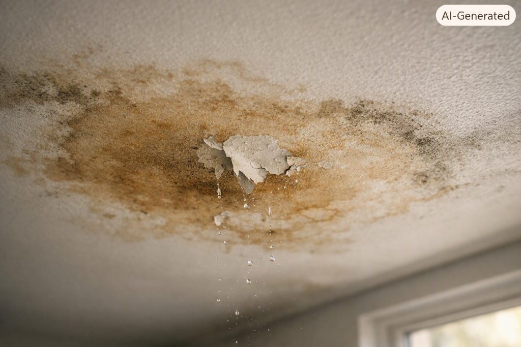 Water stains and damp patch on ceiling caused by an unreported leak