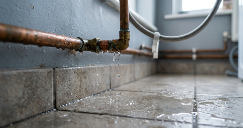 Water leaking from a damaged household pipe in a UK home