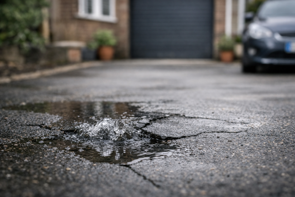 Water pooling and cracked surface on a driveway caused by an underground leak