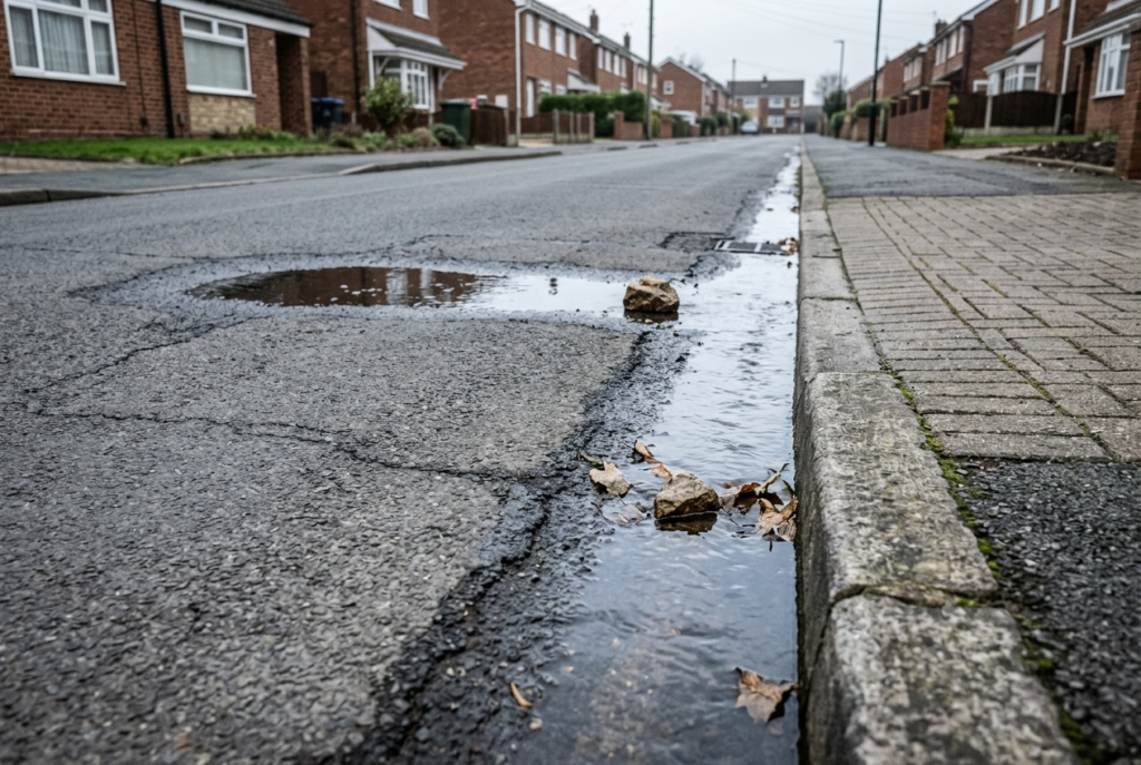 Standing water on a pavement caused by an underground leak