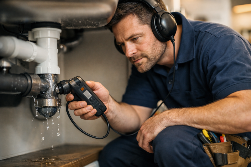 Plumber detecting water leakage in a UK home using professional leak detection equipment