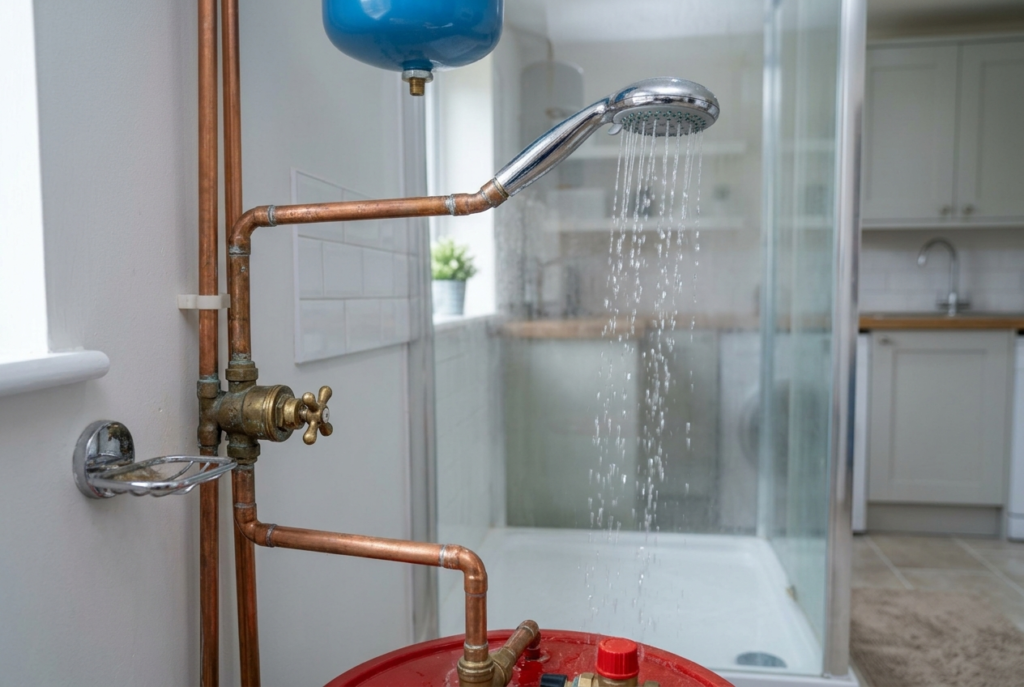 Weak shower water pressure in a UK bathroom before an unvented cylinder upgrade