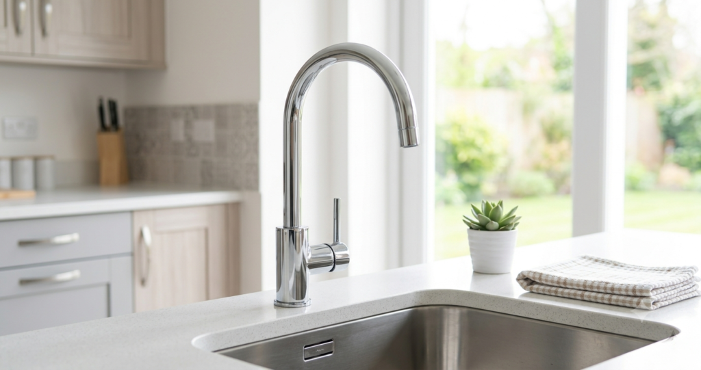 Sparkling clean, limescale-free mixer tap in a well-maintained modern kitchen