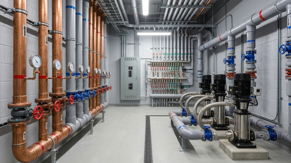 Wide shot of commercial building plumbing infrastructure including pipes and water systems