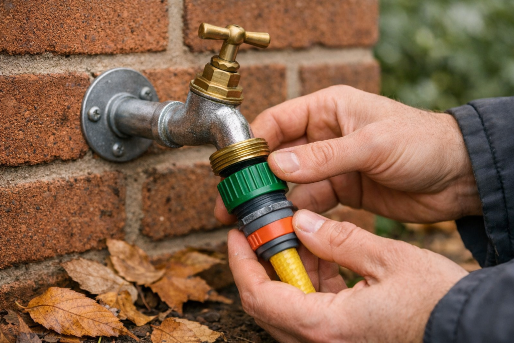 Homeowner disconnecting a hose from an outdoor tap before winter