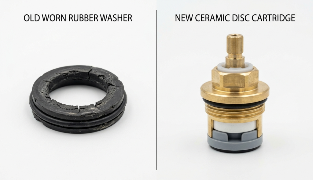 Worn rubber tap washer compared with a ceramic disc cartridge
